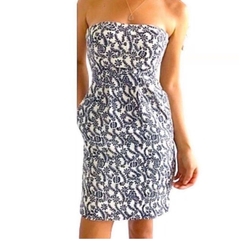 J. Crew Ella Rampling Rose print navy  and cream Strapless Dress sz 2 like new